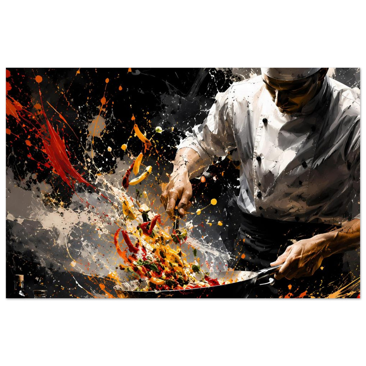 Küchenchef-Actionposter im Querformat: Kochschürze über Pfanne, dynamische Farbspritzer.
