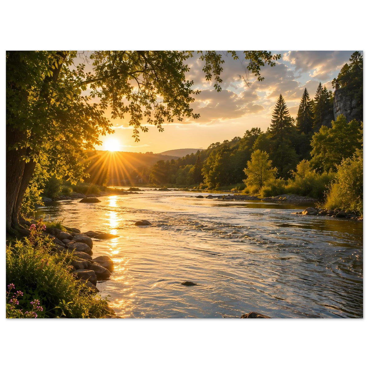 Naturposter: Abendsonne über dem Fluss, goldene Reflexe, grüne Bäume und Felsufer