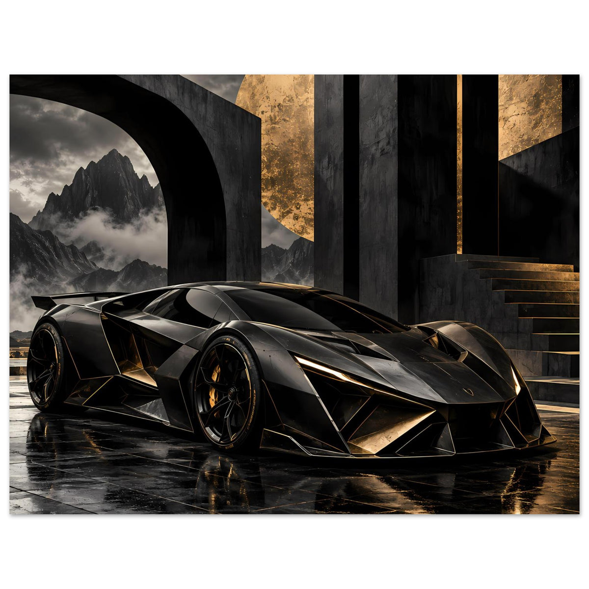 Autoposter mit futuristischem Supersportwagen in Schwarz und Gold, vorn links ausgerichtet