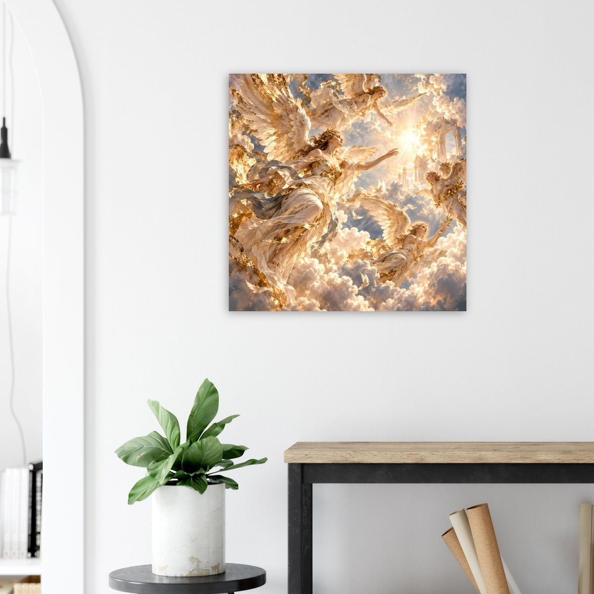 Premium-Mattposter mit goldenen Engelsfiguren und strahlenden Wolken