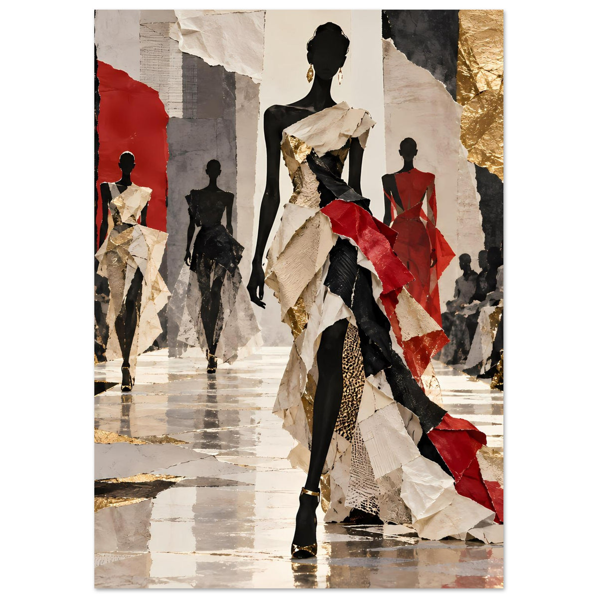 Mode-Poster im Hochformat mit Laufsteg-Silhouetten, schwarze Figuren, rote Elemente und Goldglanz