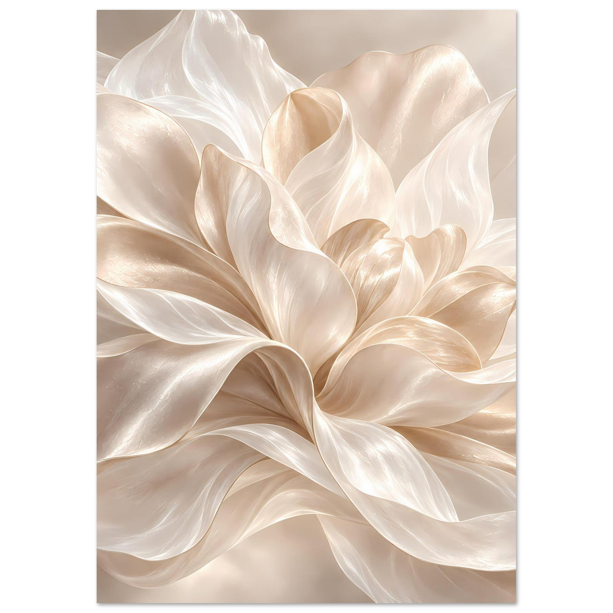 Floralposter im Hochformat mit cremefarbenen Seidenblüten, mattem Papier, weiche Konturen