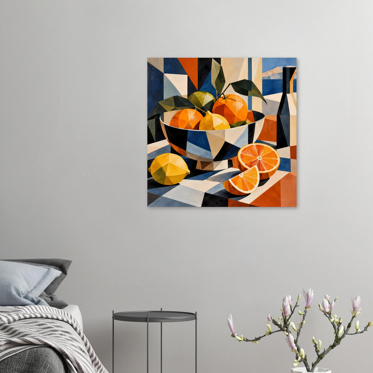 Kubistisches Poster im kleinen Format: Obstschale mit Orangen und Orangenscheiben, Blattzweig