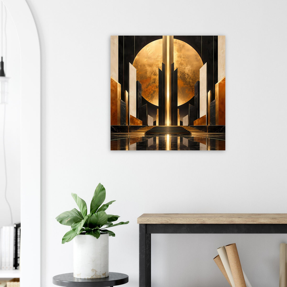 Art-Deco-Poster mit goldenem Kreis, schwarzen Blockformen und reflektierendem Spiegelboden