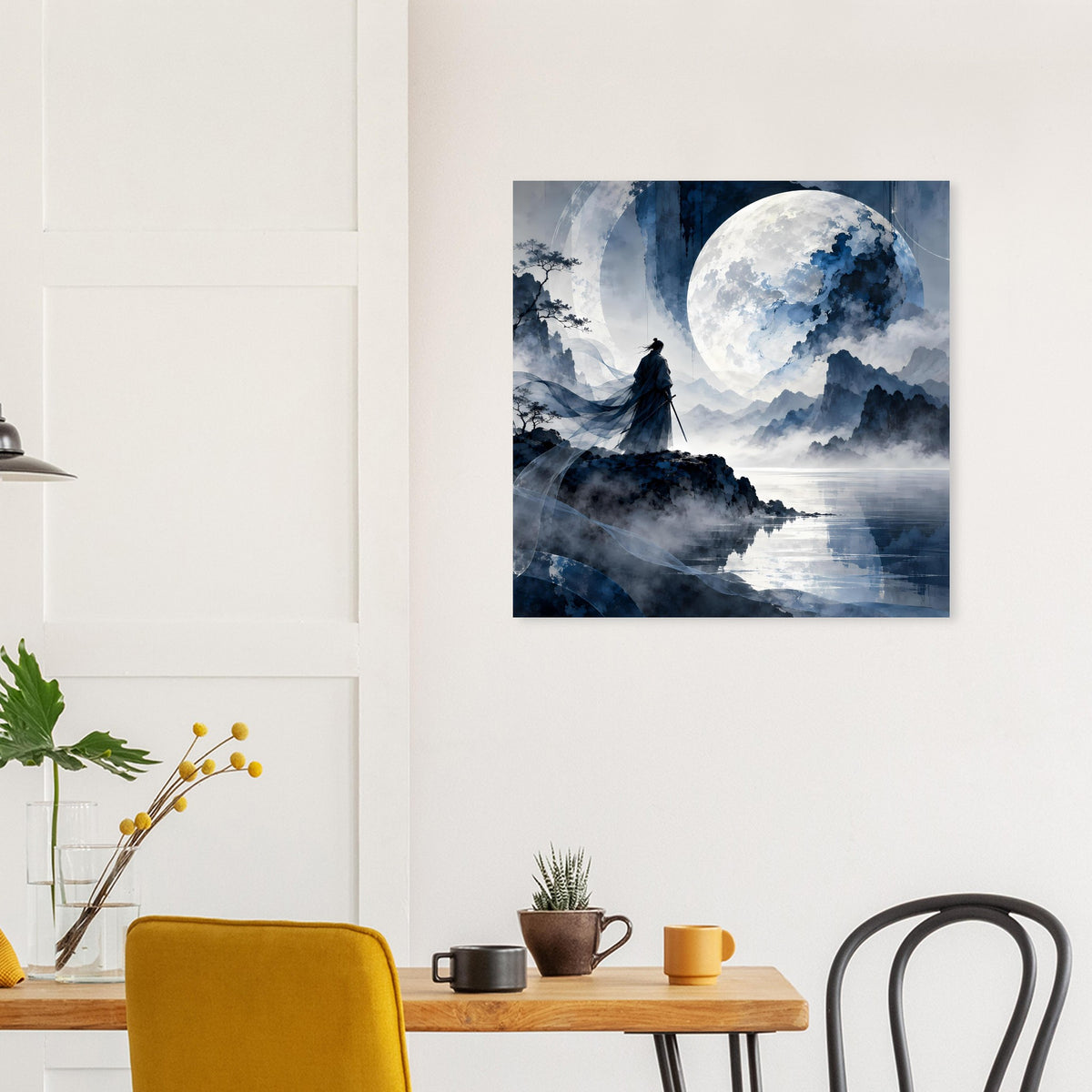 Quadratisches Poster mit Samuraisilhouette, großem Mond und wolkigem Himmel