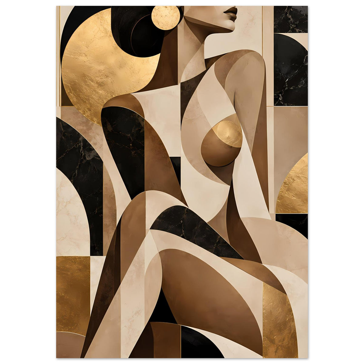 Abstraktes Poster mit Frauensilhouetten-ähnlichen Formen, goldenen Kreisen und beige-schwarzen Kurven