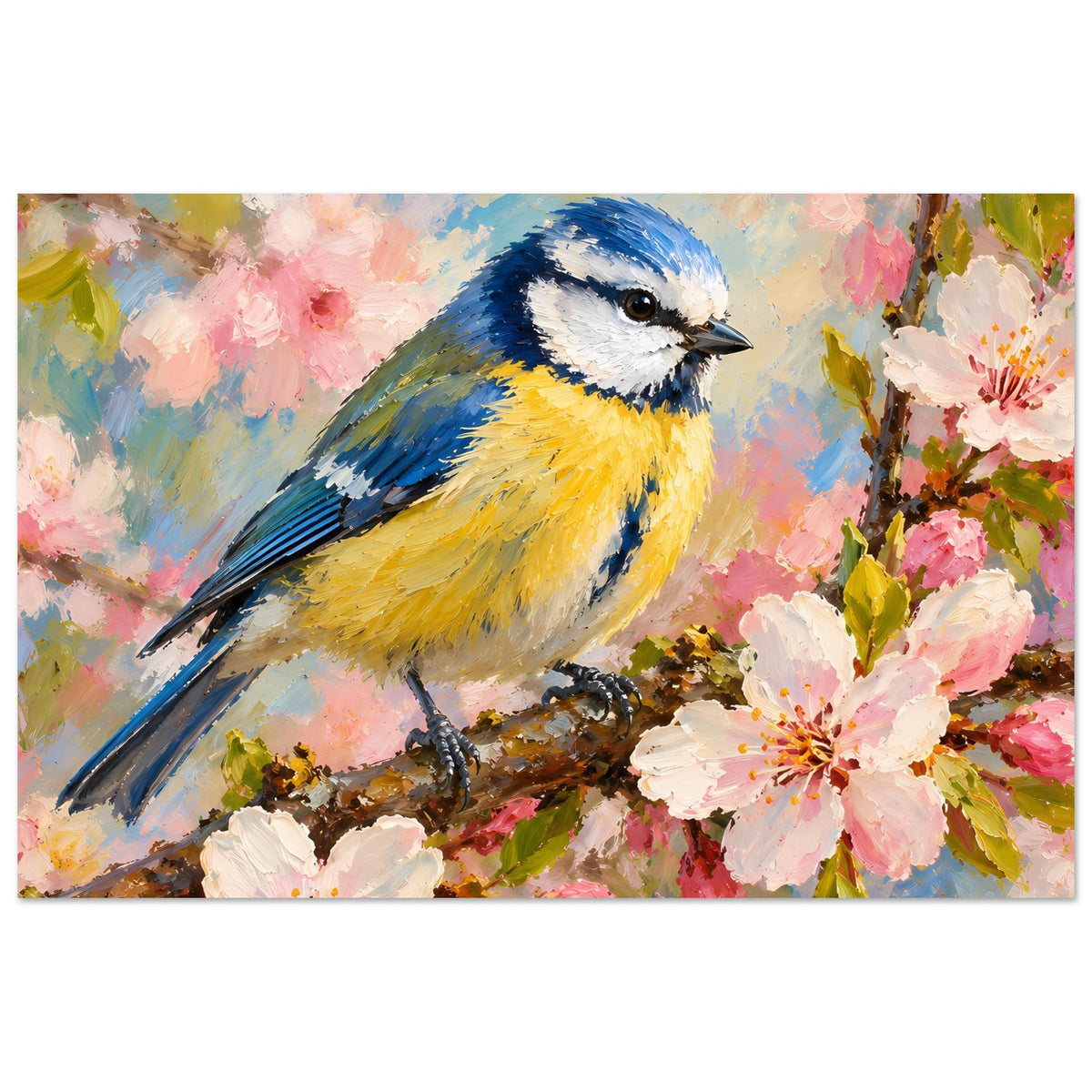 Kunstdruck-Porträt: blauer und gelber Vogel auf Ast mit rosa Blüten, Querformat