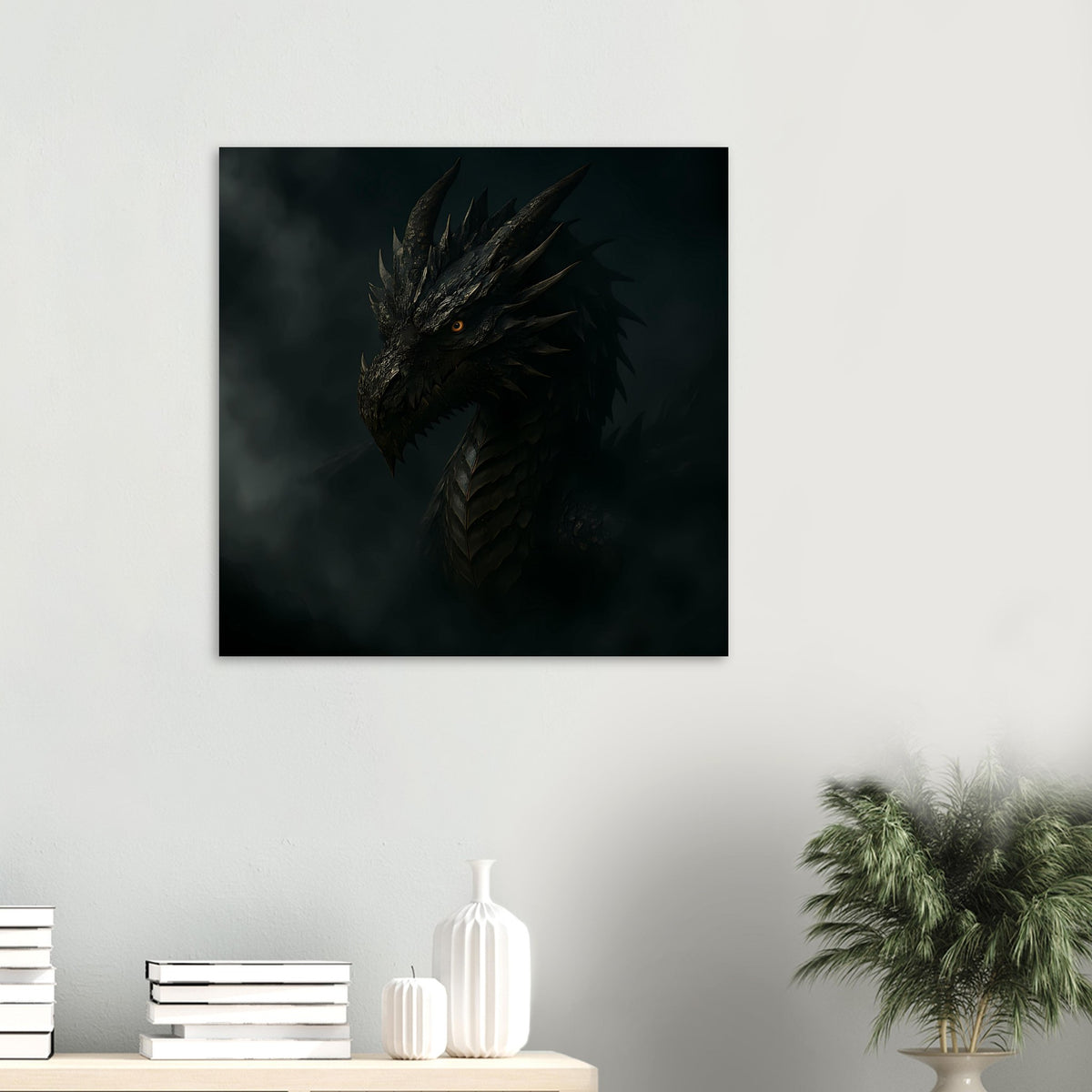Quadratisches Poster mit schwarzem Drachenkopf in dunkler Fantasy-Illustration