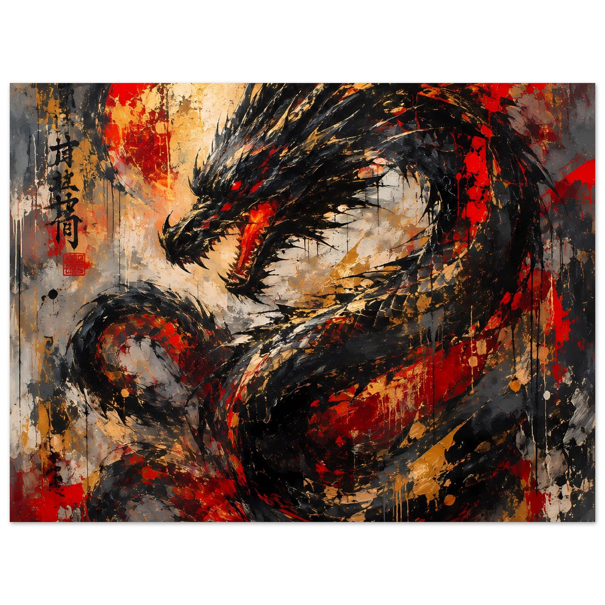 Abstraktes Drachenkunstposter mit dynamischem Drachenmotiv, schwarzen und roten Farbsprenkeln