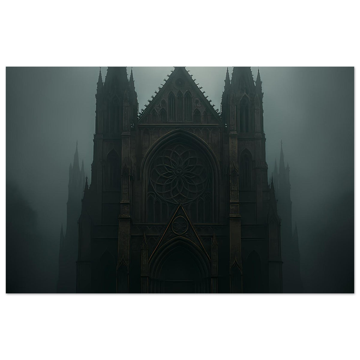 Gotisches Kathedralenposter, dunkles Mittelmotiv der Kathedrale mit Türmen, Querformat