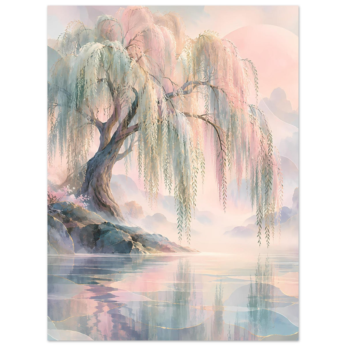 Naturposter mit großer Trauerweide und herabhängenden Ästen über ruhigem Wasser in Pastell