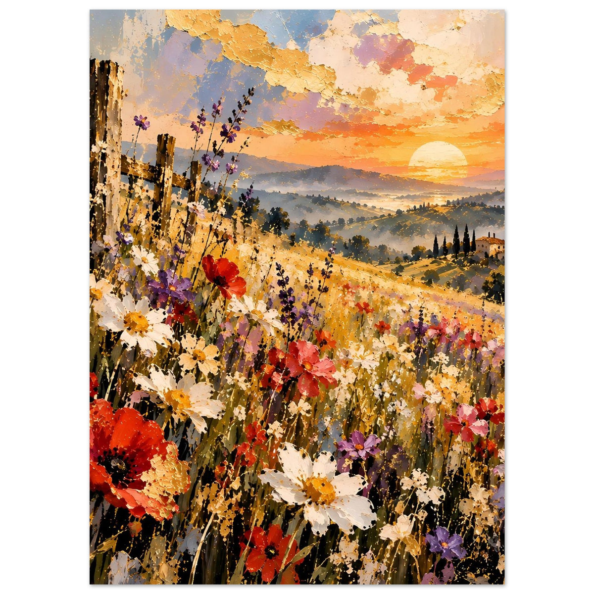 Landschaftsposter mit blühender Wiese, farbige Blüten im Vordergrund und Abendsonne
