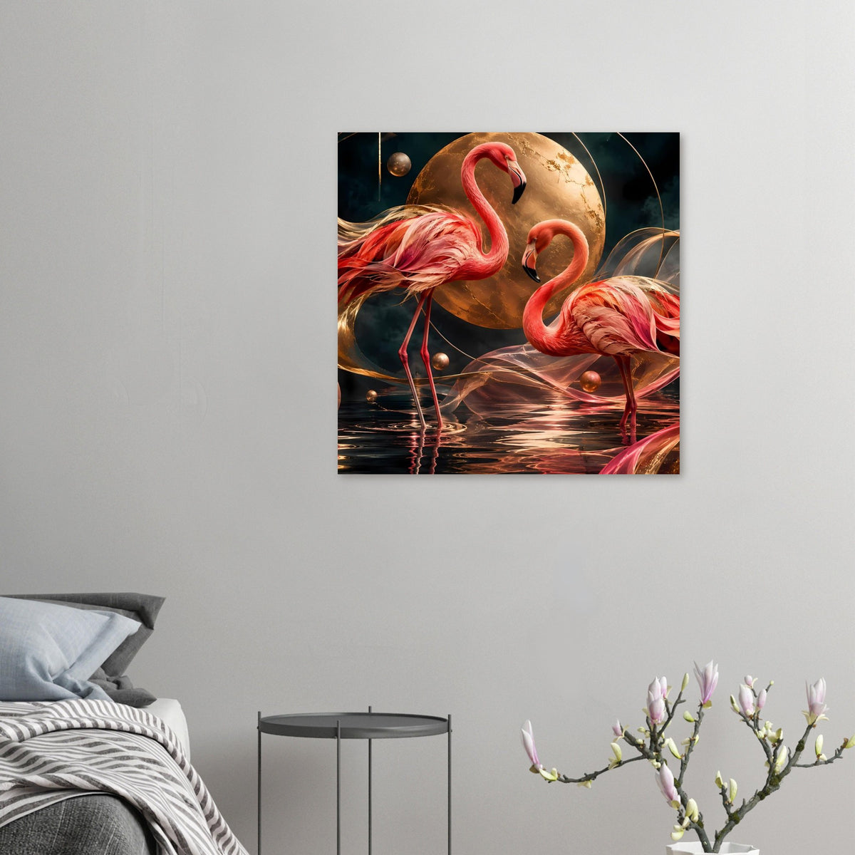 Wandbild-Kunstposter mit zwei Flamingos, goldener Mondkugel und Spiegelung im Wasser