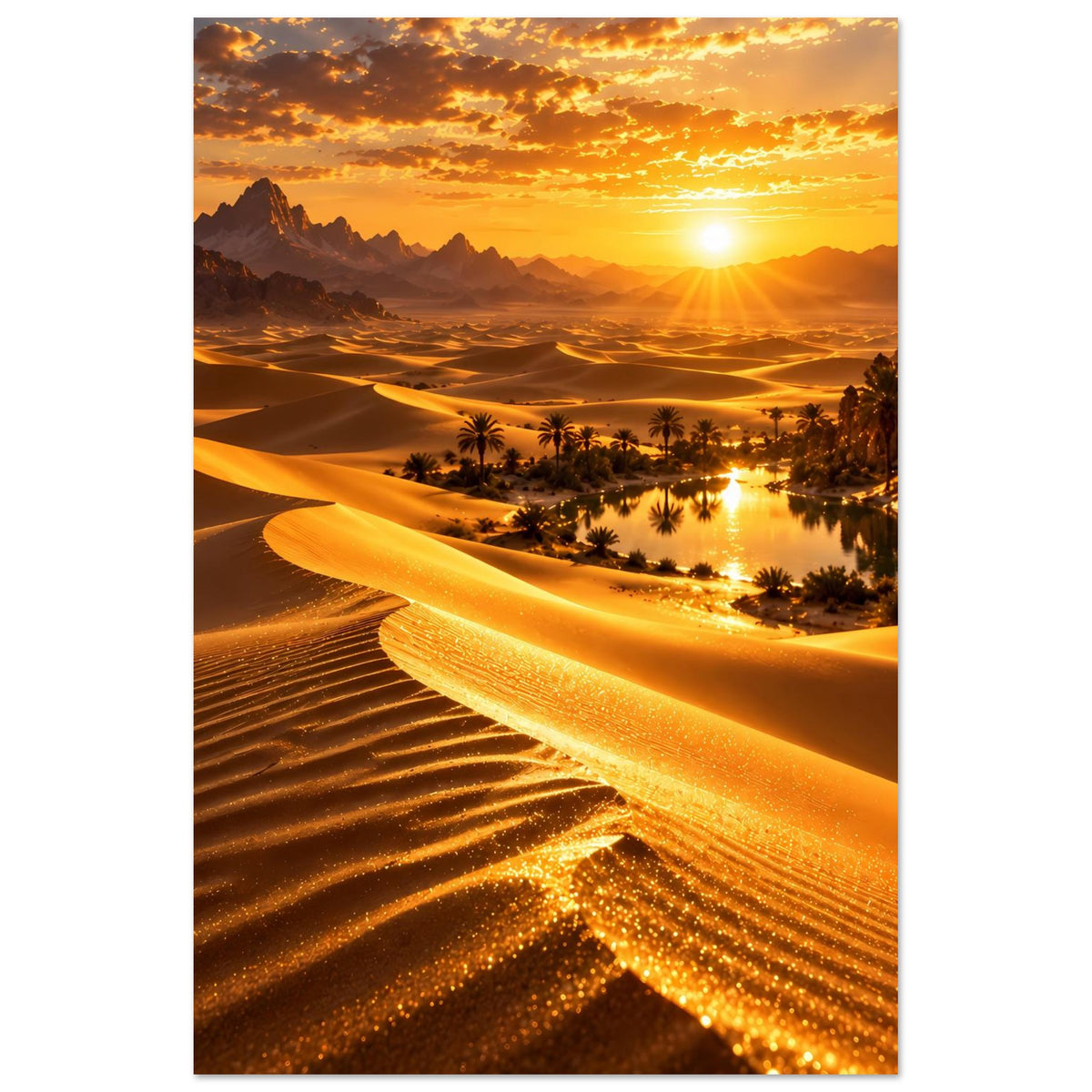 Wüstenlandschafts-Poster, vertikal: Sonnenuntergang über Dünen mit Palmenoase