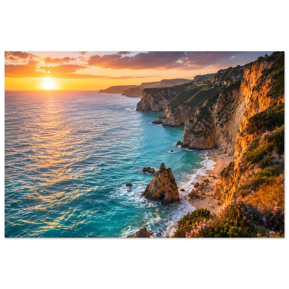 Poster Küstenlinie im Sonnenuntergang: türkisfarbenes Wasser, Felsen im Meer und Sonnenlicht
