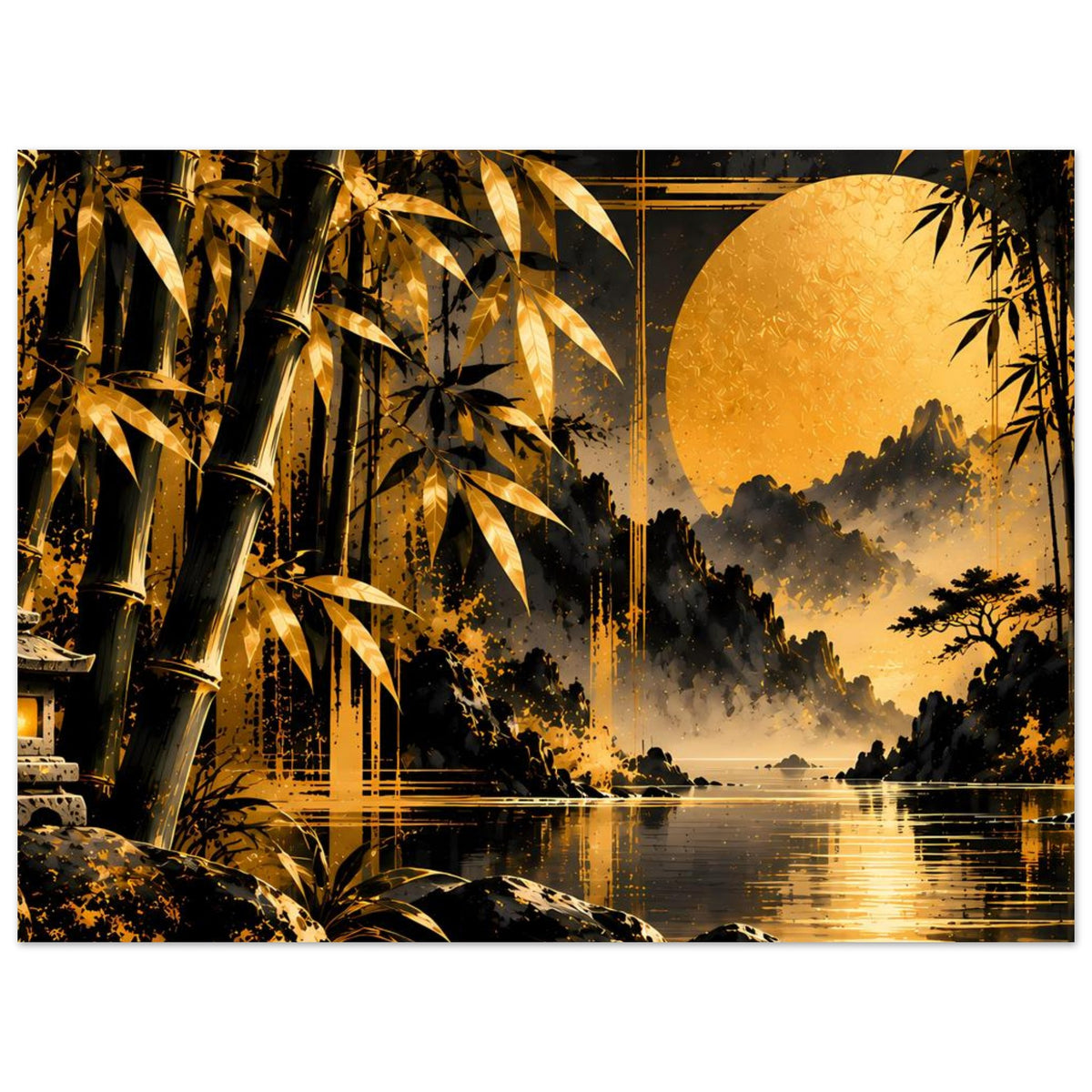Bambuslandschafts-Poster mit goldenem Lichtkreis, bewaldeter Silhouette und Wasserreflexen