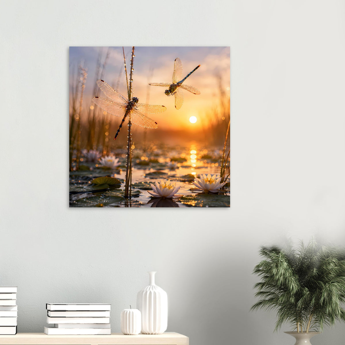 Gerahmtes Poster mit goldenen Libellen über Seerosen im Sonnenuntergang