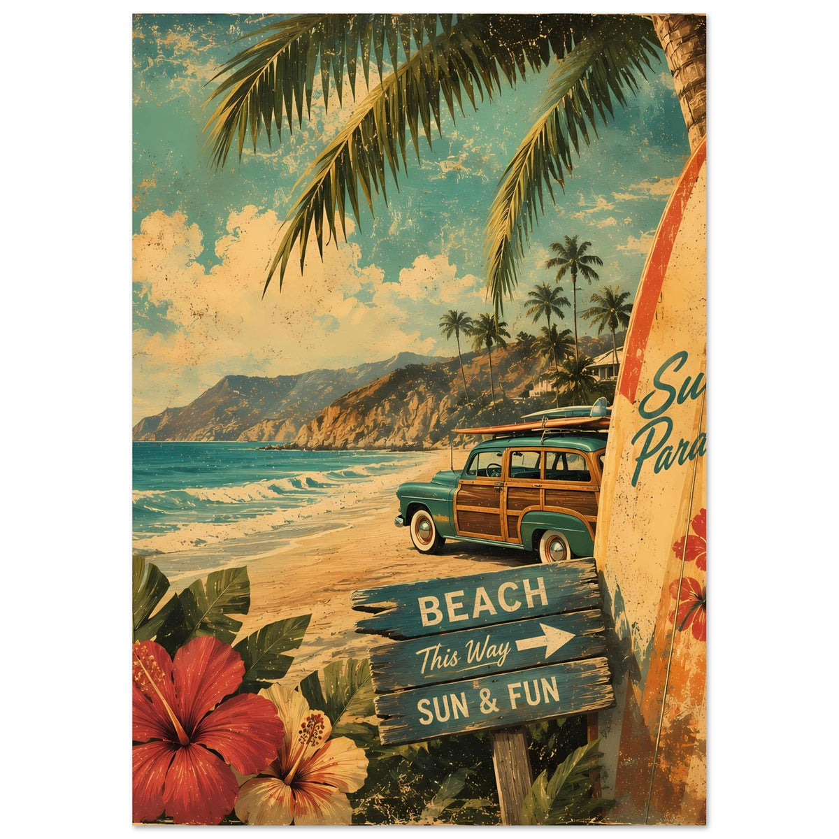 Surf-Poster im Vintage-Look, angeschnitten: Surfboard rechts, Oldtimer und „BEACH“
