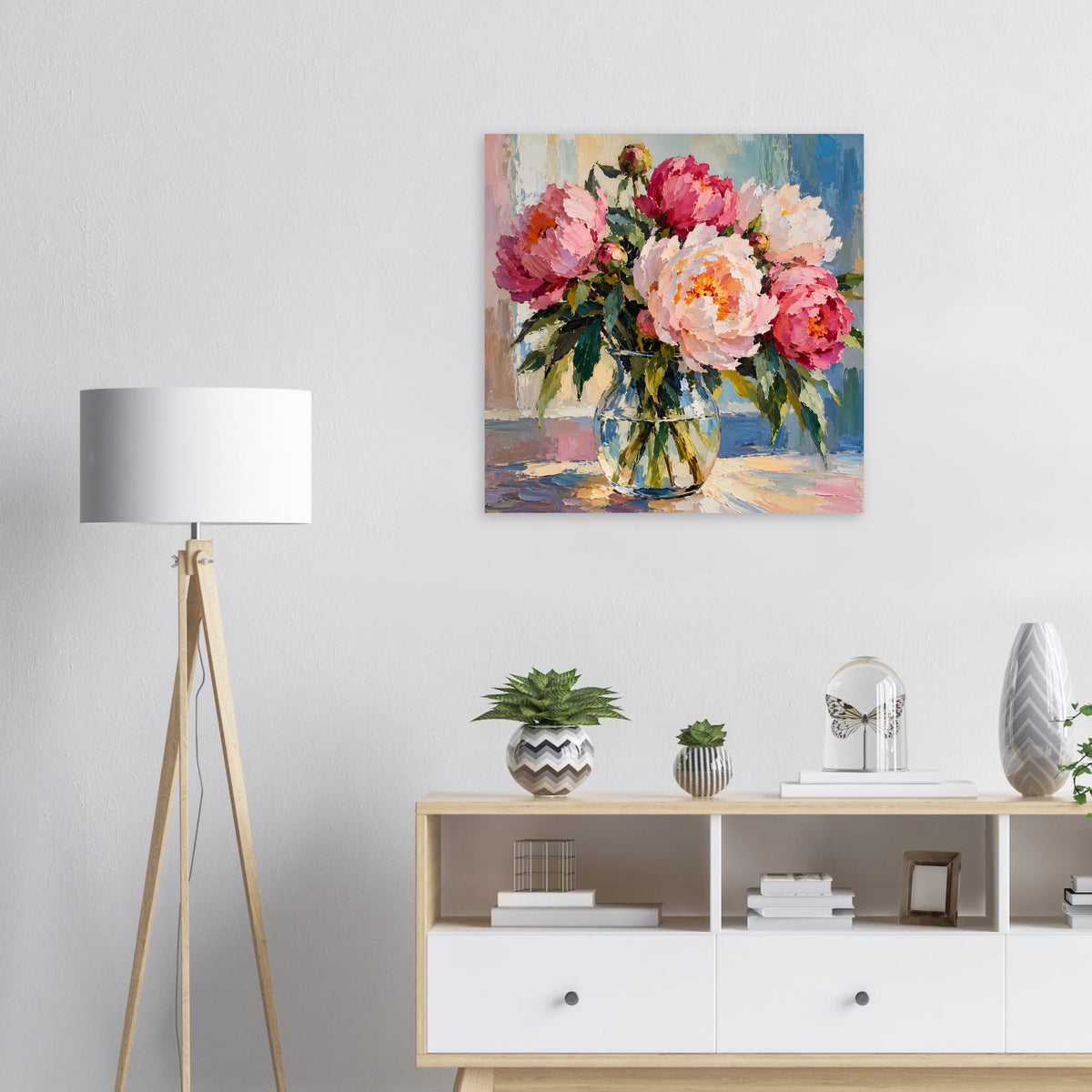 Blumenposter im Ölmalerei-Stil: rosa und pinke Blüten in blauer Vase