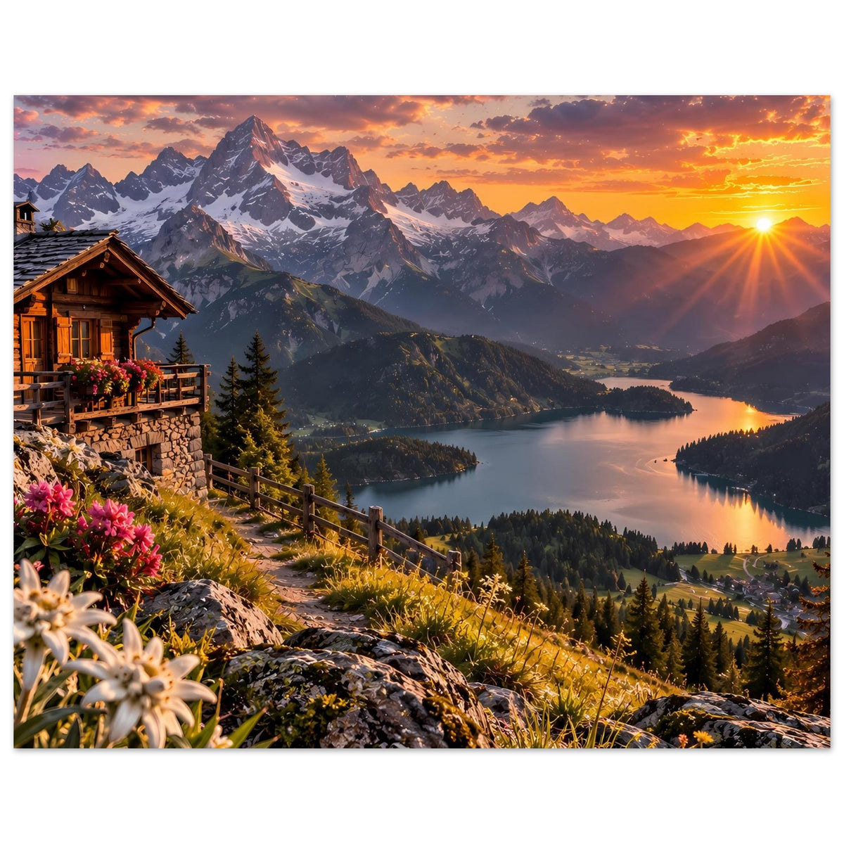 Horizontales Poster mit Alpenlandschaft bei Sonnenuntergang, Sonne am rechten Rand und See