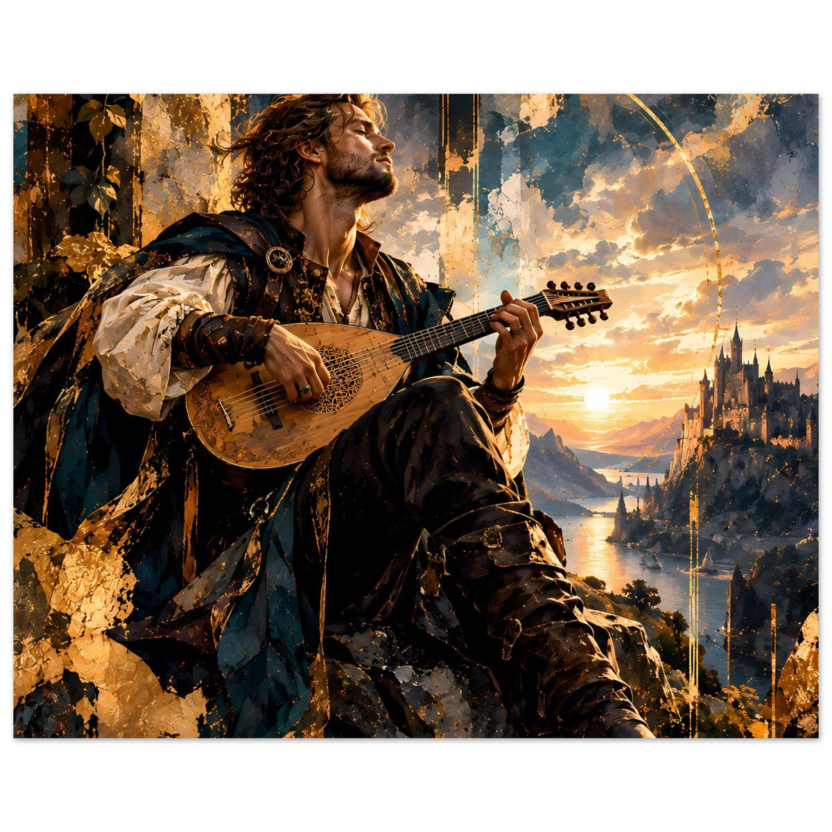 Fantasy-Barden-Poster: Barde mit Umhang zupft Laute, zentrierte Darstellung