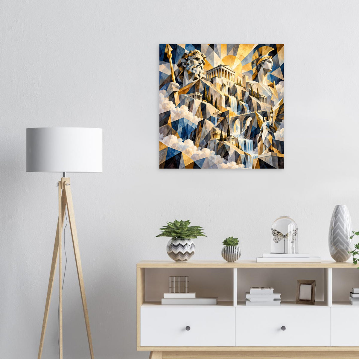 Poster mit geometrischem Mosaikmotiv: Säulen und Figuren in Blau, Gold und Weiß