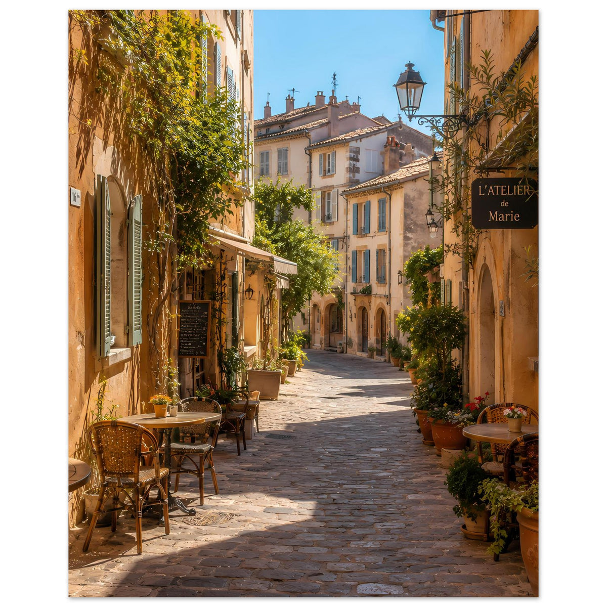Poster mit mediterraner Straße und Fassaden; Bistrotisch, Pflanzkübel und Laterne