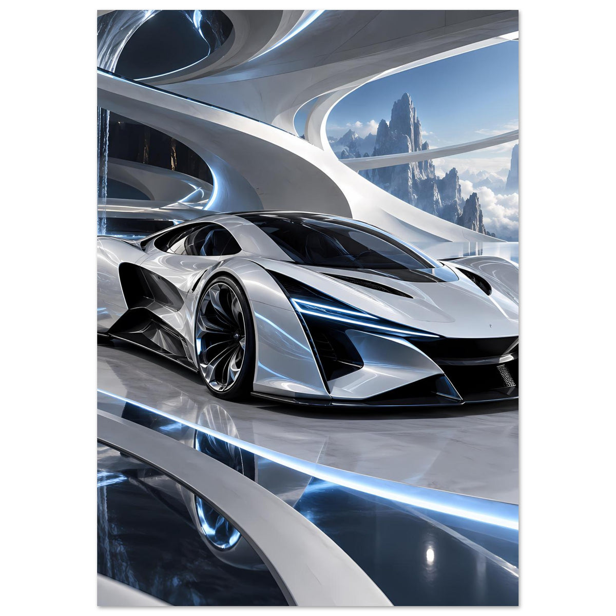 Auto-Poster (Hochformat): silberner Supersportwagen im Nahfokus, schwarze Front und blaue Akzente.