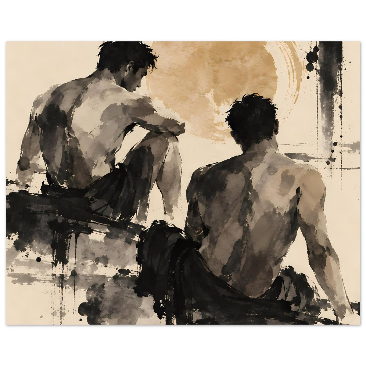 Kunstposter im Querformat mit zwei männlichen Figuren, Sepiafläche und schwarze Spritzer