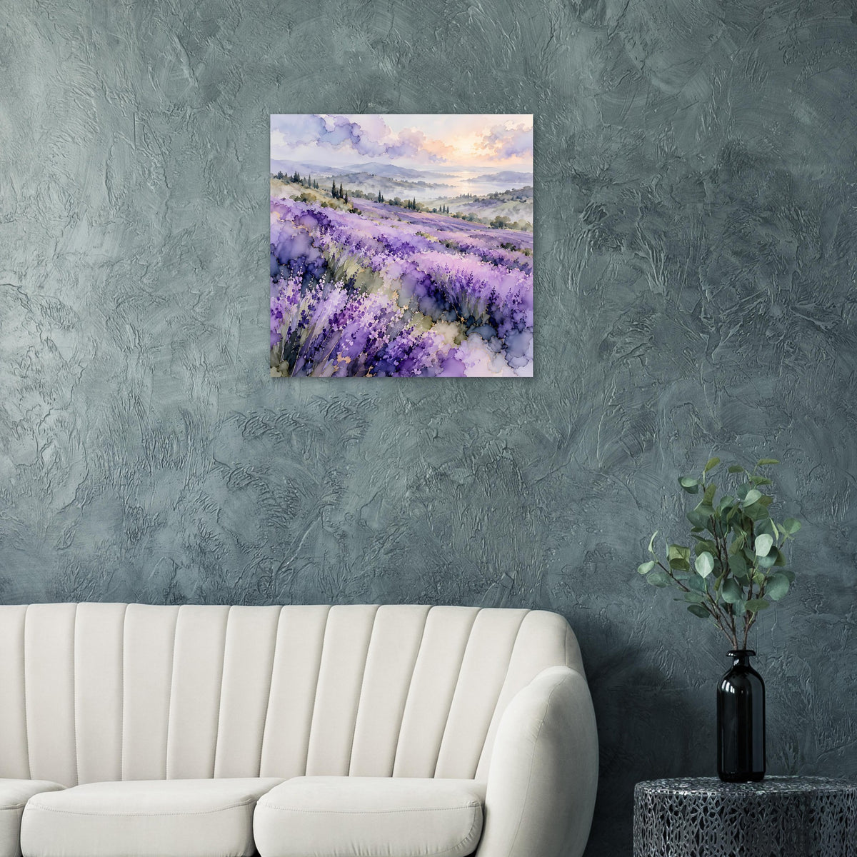 Quadratisch gerahmtes Lavendelfeld-Aquarellposter mit violetten Reihen und goldfarbenem Dämmerhimmel