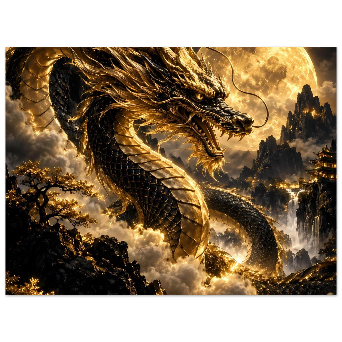Poster mit goldener Drachenmähne, Schuppenflügeln und Vollmond über Wolken