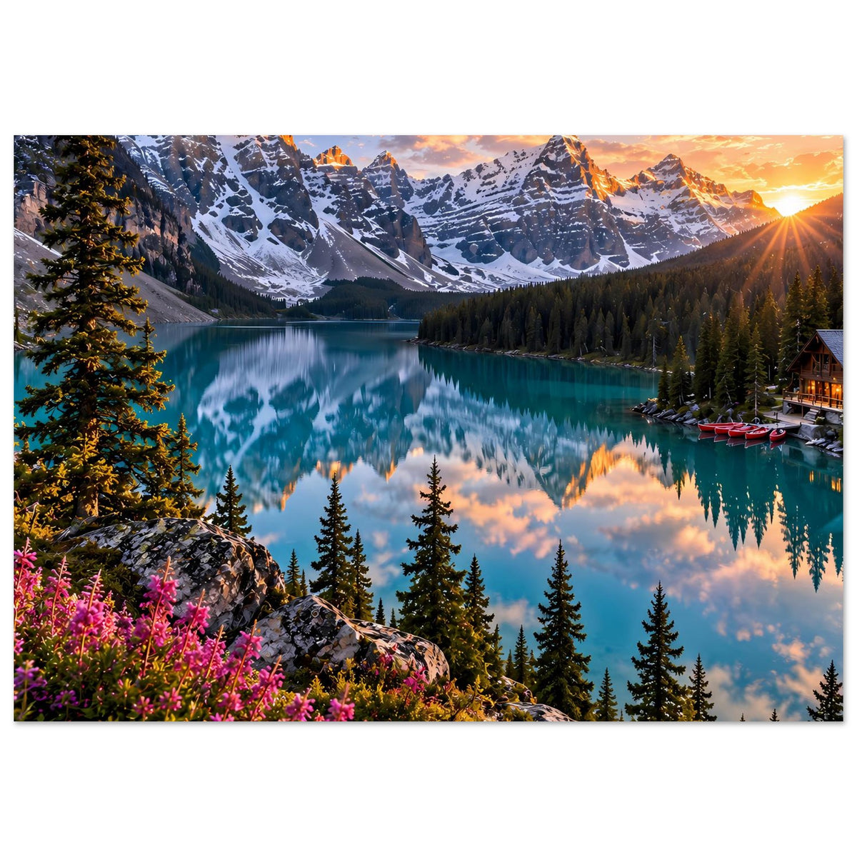 Querformat-Poster mit Gebirgssee bei Sonnenuntergang, türkisfarbenes Wasser, Berge und Sonnenstrahl
