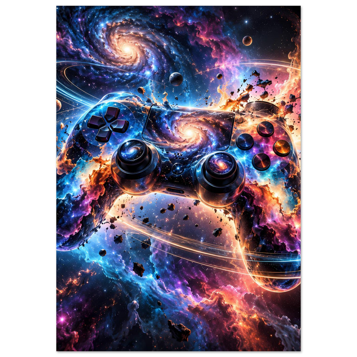 Gaming-Controller-Poster im Galaxie-Style: Controller-Front und Raumnebel, Hochformat