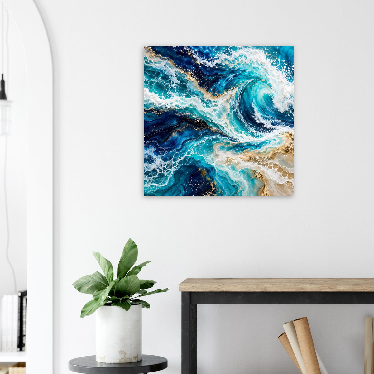 Wandposter mit abstrakter Ozeanwelle in Blau, Türkis und Gold, klein