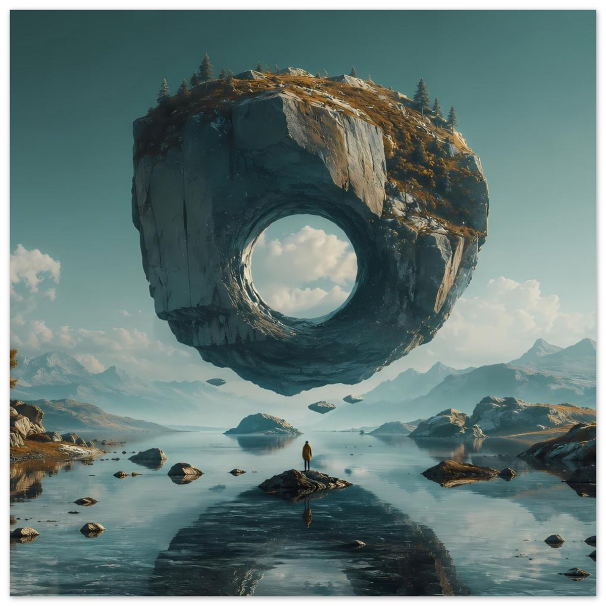 Surreales Poster: schwebender Felsring über See mit Inseln und Person im Vordergrund.