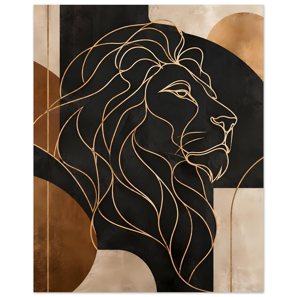 Poster: Löwenkopf mit goldener Liniengrafik, näherer Ausschnitt auf dunklem Grund