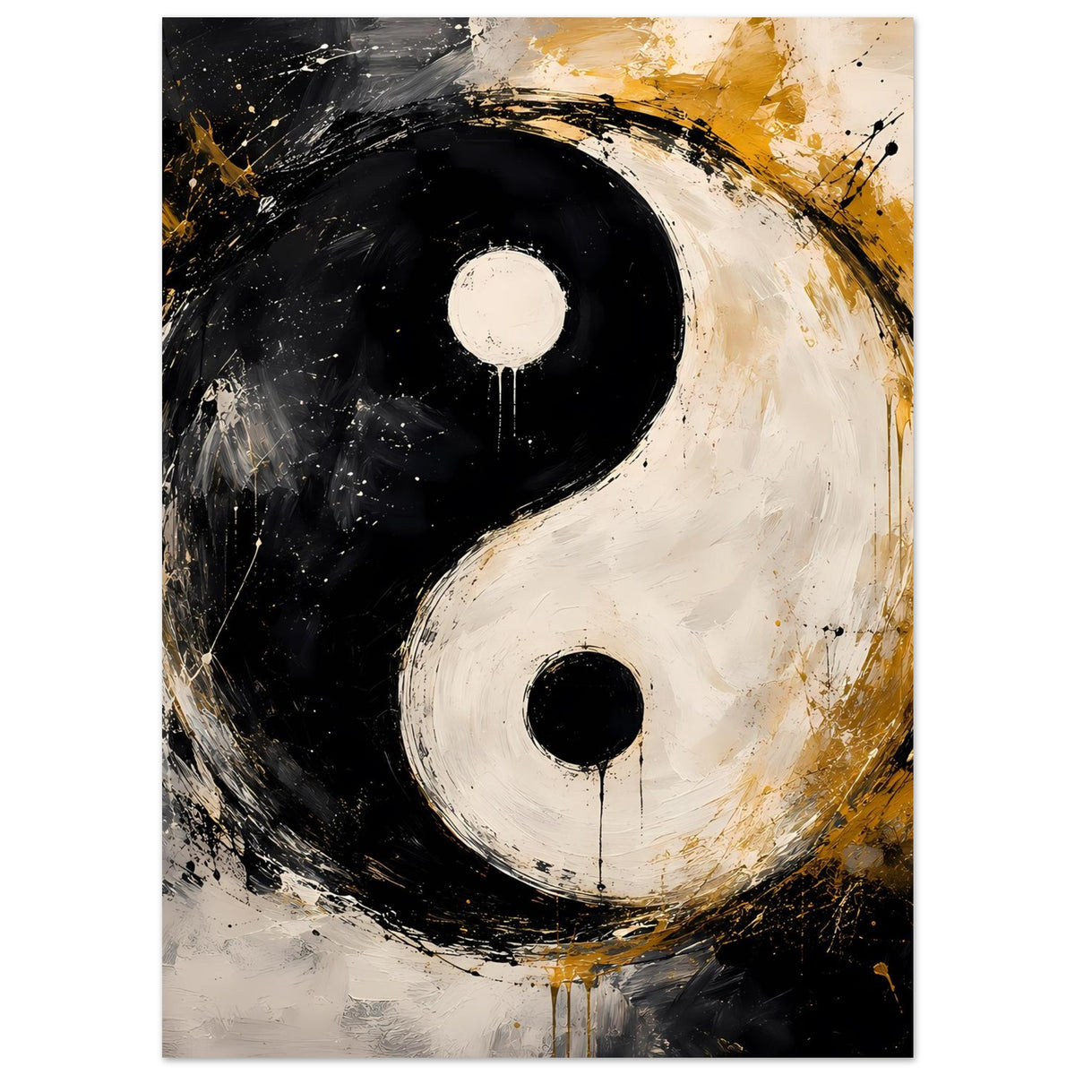 Abstraktes Yin‑Yang Poster, dominantes Yin in Schwarz und Yang in Weiß, gold schimmernd