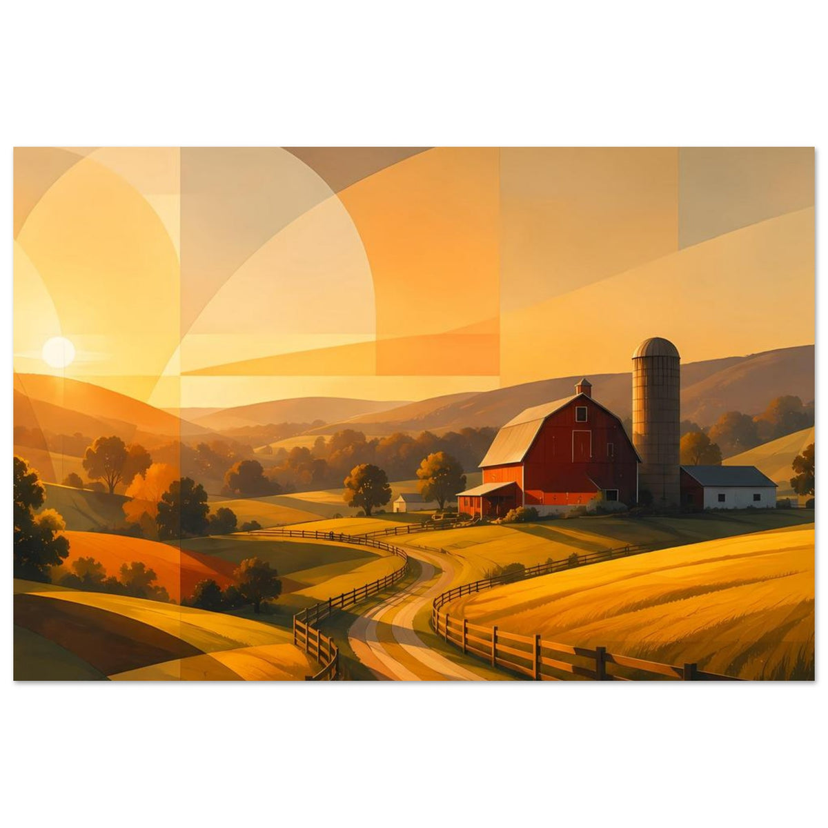 Abstraktes Wandbild mit roter Scheune, Siloturm und Zaunzügen, dekorative geometrische Flächen.