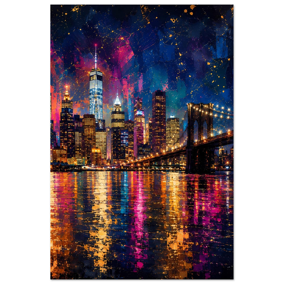 Stadtposter mit Skyline bei Nacht und Hängebrücke, leuchtende Lichter und Reflexionen