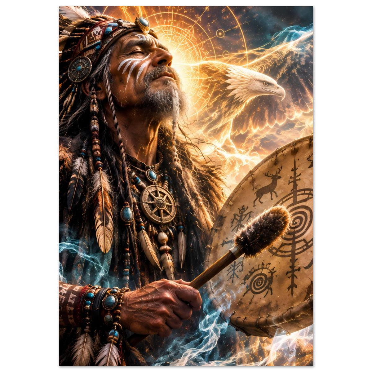 Fantasy-Poster: Schamane mit Trommel, goldener Adlerflügel und kreisförmige Runen