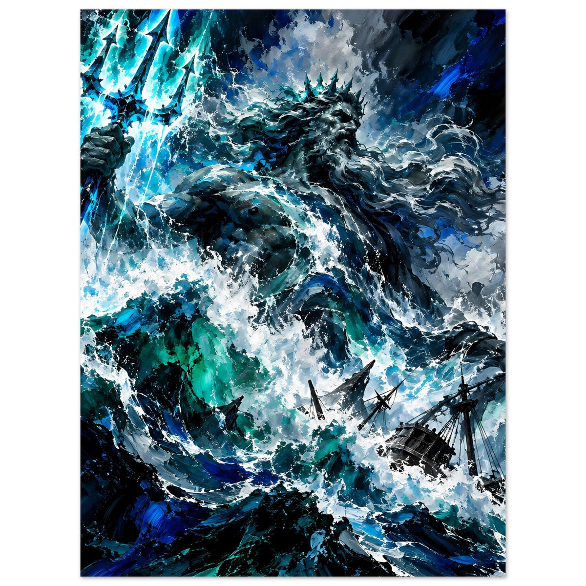 Sturm-Poster (hochkant) mit Poseidon in den Wogen, Donnerblitz und Rauchwolken