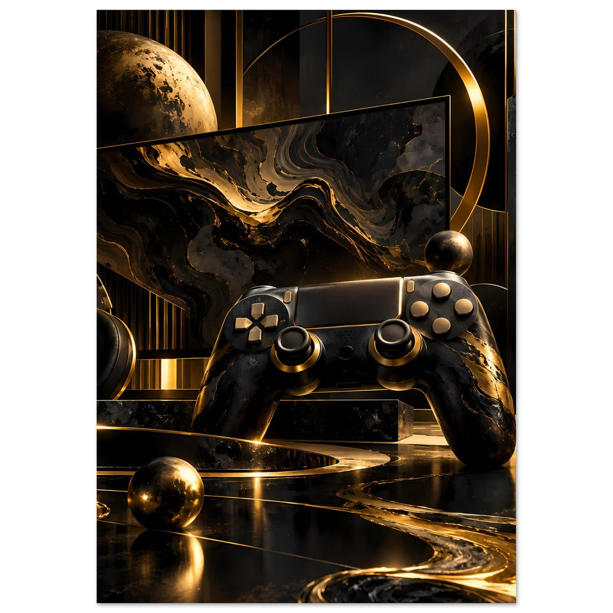 Gaming-Poster (hoch) mit Gamecontroller in Schwarz-Gold, abstrakten Flächen und Planetenball