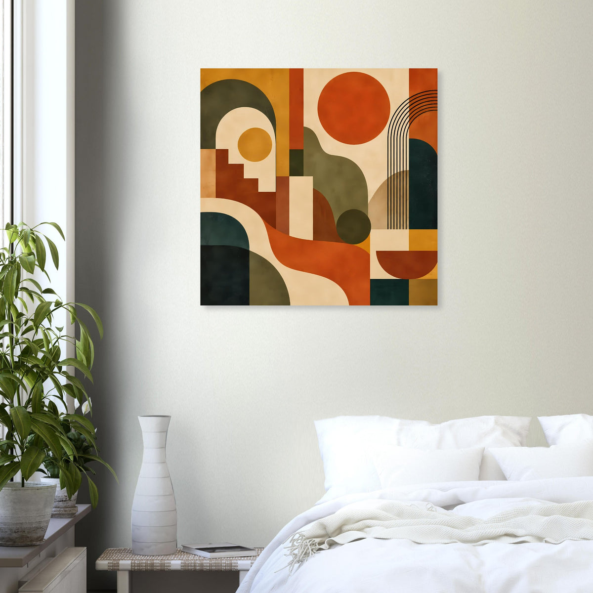 Quadratischer Kunstprint mit geometrischen Formen in warmen Tönen, schwarzer Rahmen.