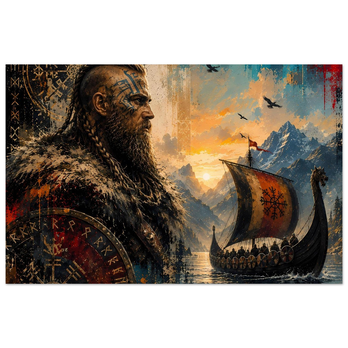 Nordisches Saga-Poster mit Wikingerkrieger und Langschiff, Meer und Berge im Hintergrund