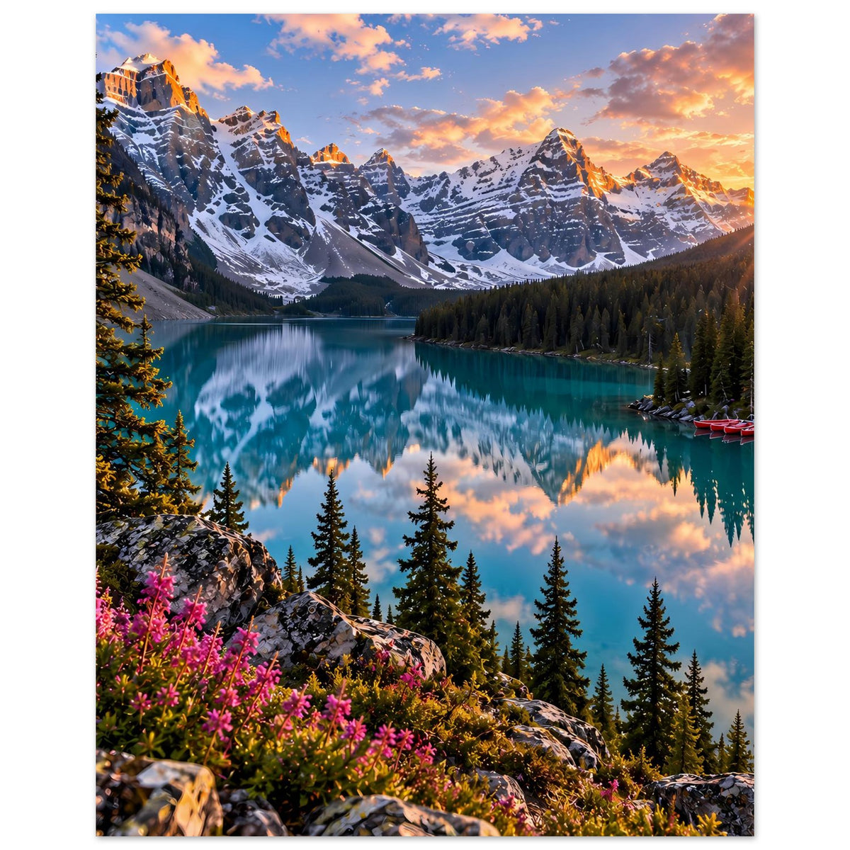 Vertikal-Poster mit Gebirgssee bei Sonnenuntergang, türkisfarbenes Wasser und Tannen am Ufer