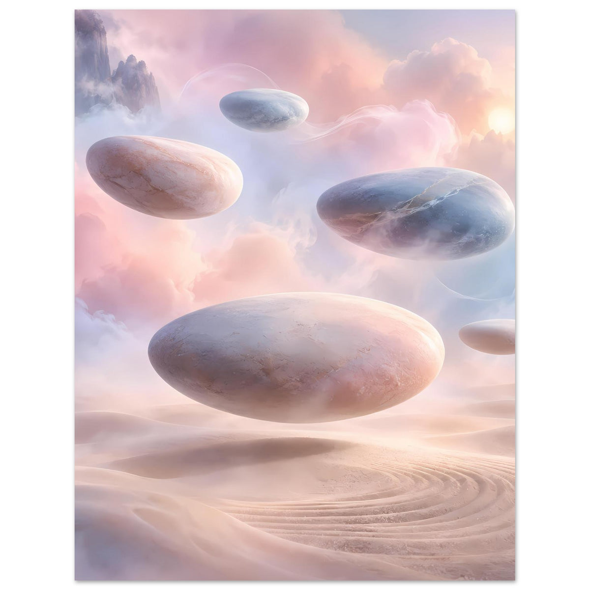 Pastellposter mit schwebenden ovalen Steinen und sandigen Linien in rosafarbenem Himmel