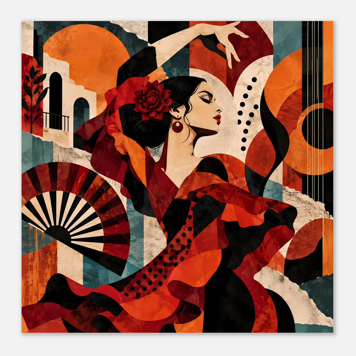 Tanzposter im Querformat mit Flamenco-Tänzerin, rote und schwarze Tropfenmuster im Hintergrund