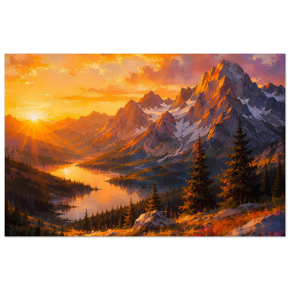 Breites Wandposter mit Sonnenuntergang, Bergspitzen und ruhigem See