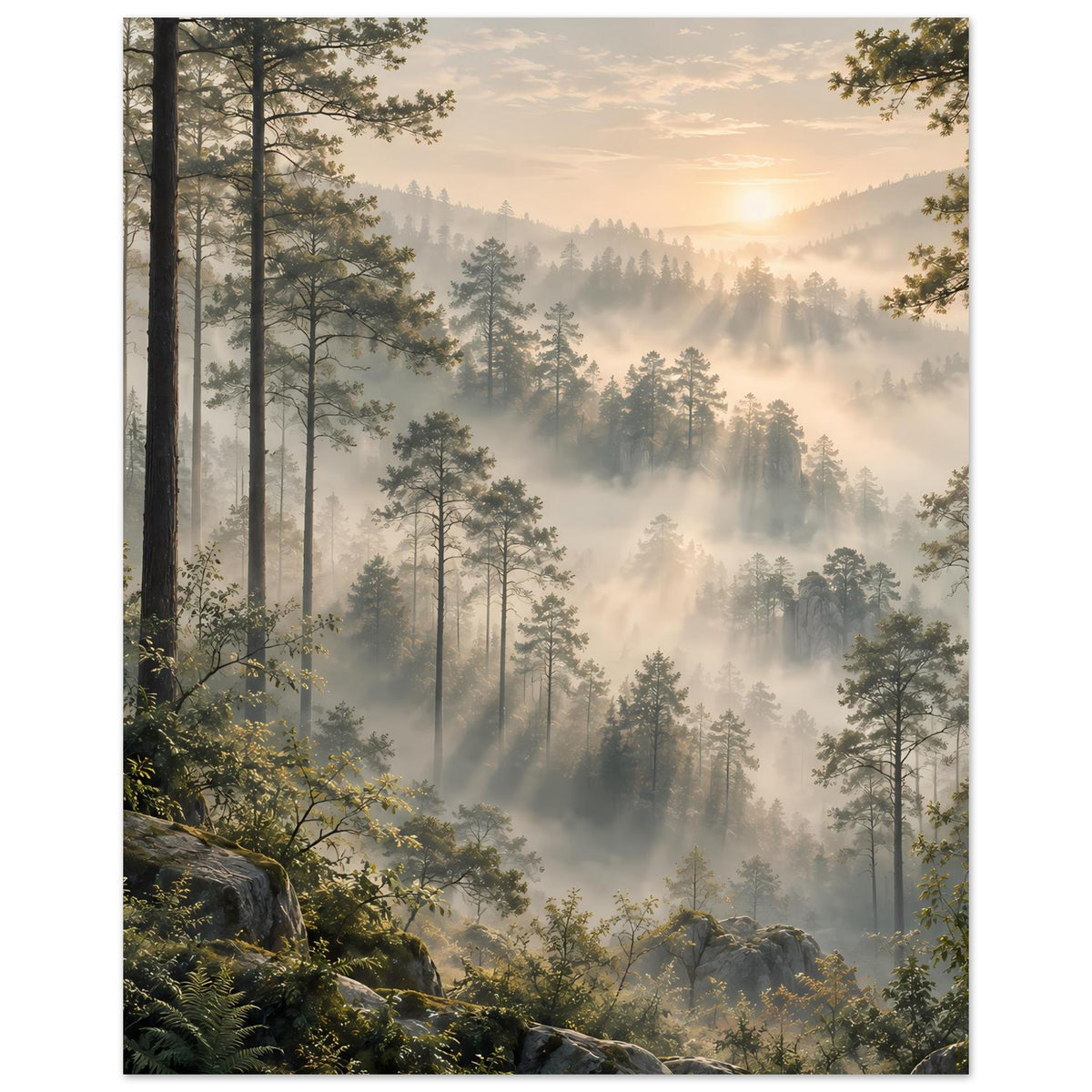Waldlandschafts-Poster im Hochformat: hohe Baumstämme, Nebel und goldener Himmel