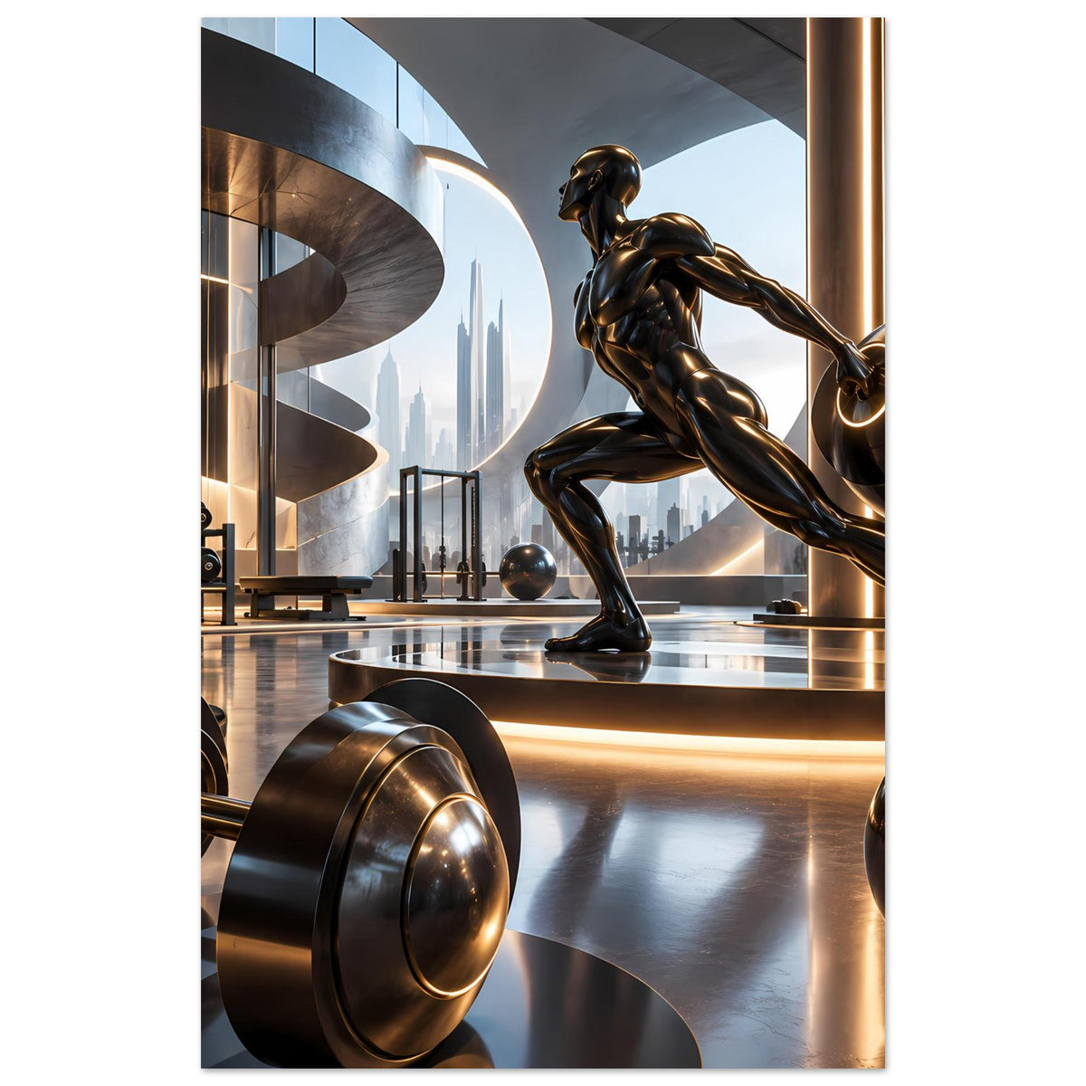 Poster mit bronzener Fitnessstatue und Hantelscheiben, futuristisches Studio, enger Zuschnitt